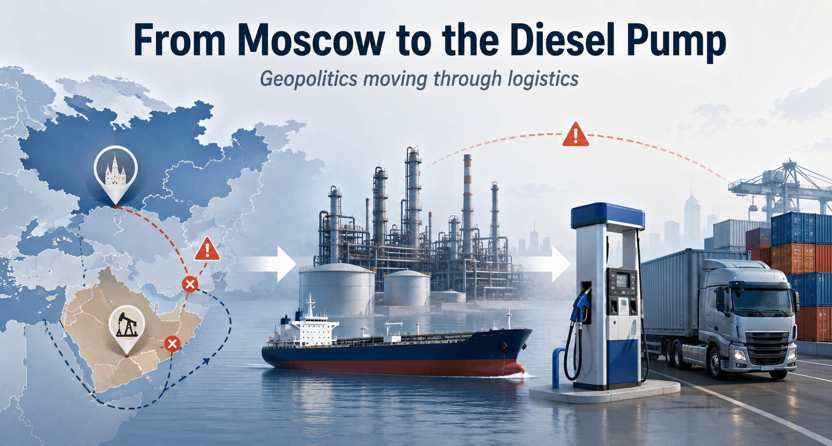 Geopolitics moves through logistics networks from Moscow to the diesel pump; US told Ukraine to suspend strikes until delegation departed Russia